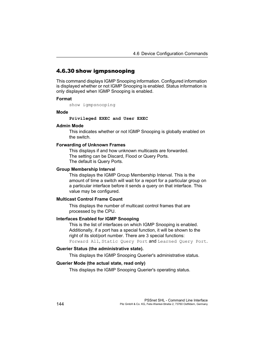 30 show igmpsnooping, 30show igmpsnooping | Pilz PSSnet SHL 8T MRP User Manual | Page 144 / 353