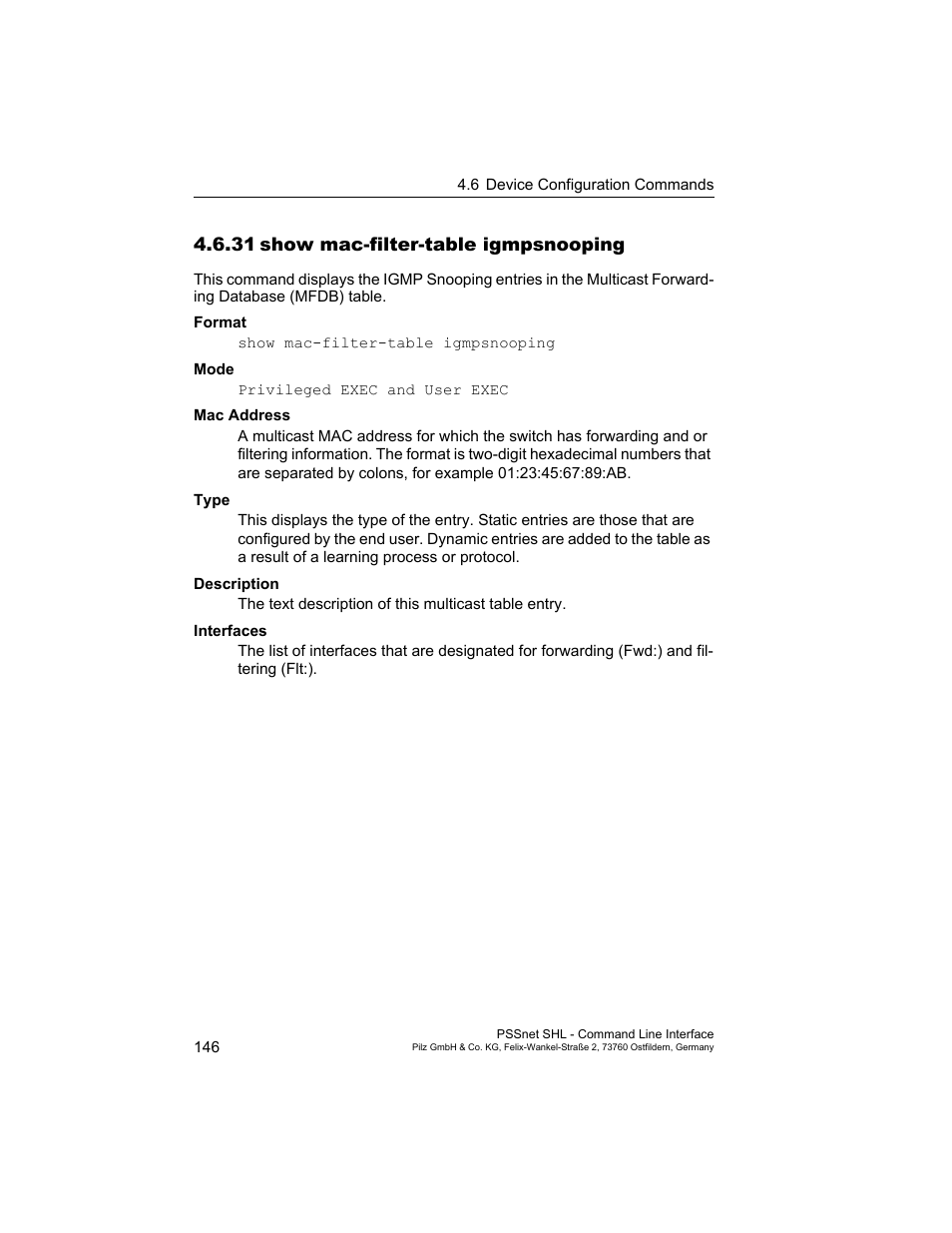 31 show mac-filter-table igmpsnooping, 31show mac-filter-table igmpsnooping | Pilz PSSnet SHL 8T MRP User Manual | Page 146 / 353