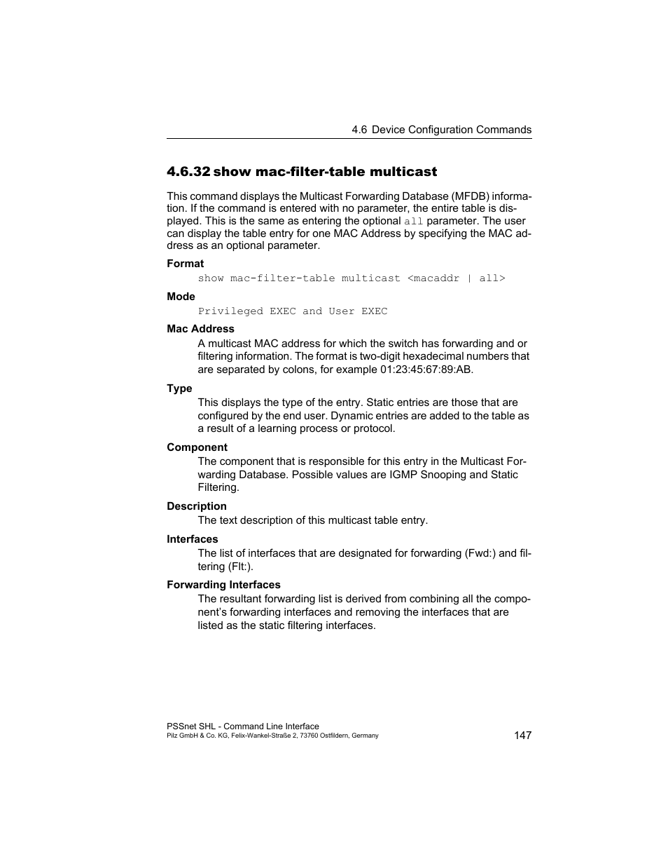 32 show mac-filter-table multicast, 32show mac-filter-table multicast | Pilz PSSnet SHL 8T MRP User Manual | Page 147 / 353