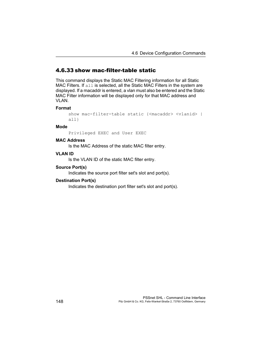 33 show mac-filter-table static, Show mac-filter-table static | Pilz PSSnet SHL 8T MRP User Manual | Page 148 / 353