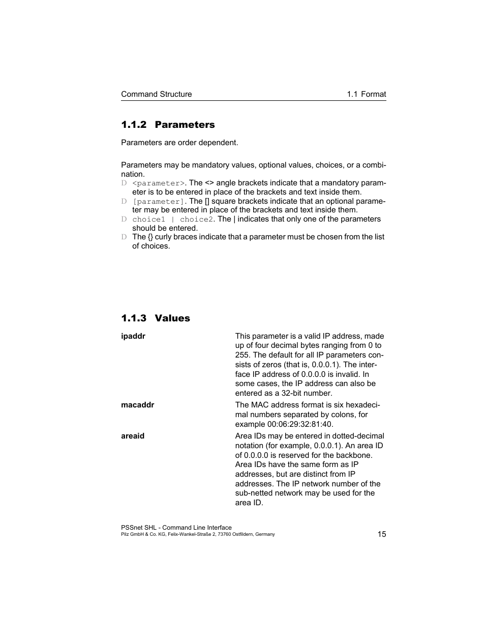 2 parameters, 3 values, 2 parameters 15 2.1.3 values 15 | Pilz PSSnet SHL 8T MRP User Manual | Page 15 / 353