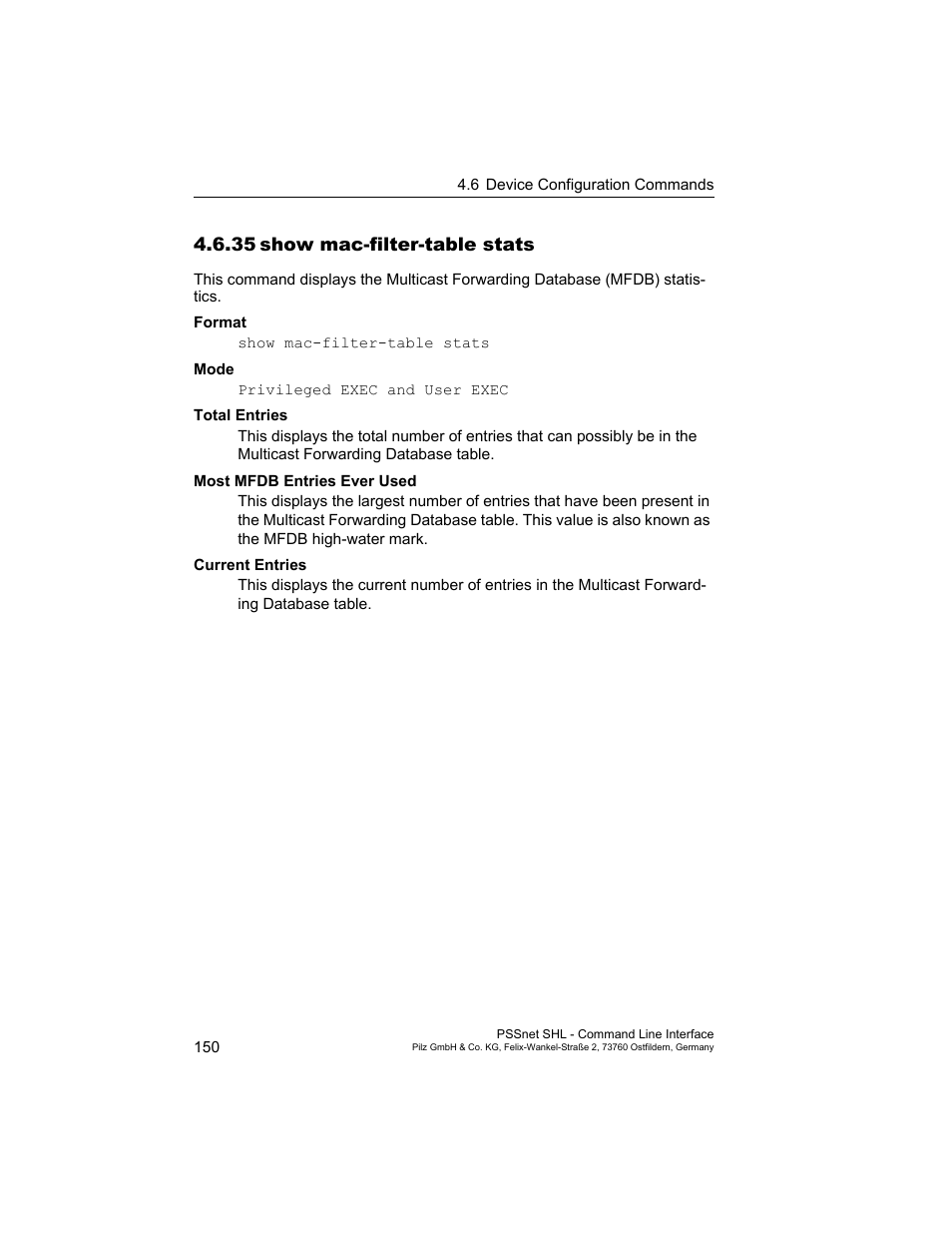 35 show mac-filter-table stats, 35show mac-filter-table stats | Pilz PSSnet SHL 8T MRP User Manual | Page 150 / 353