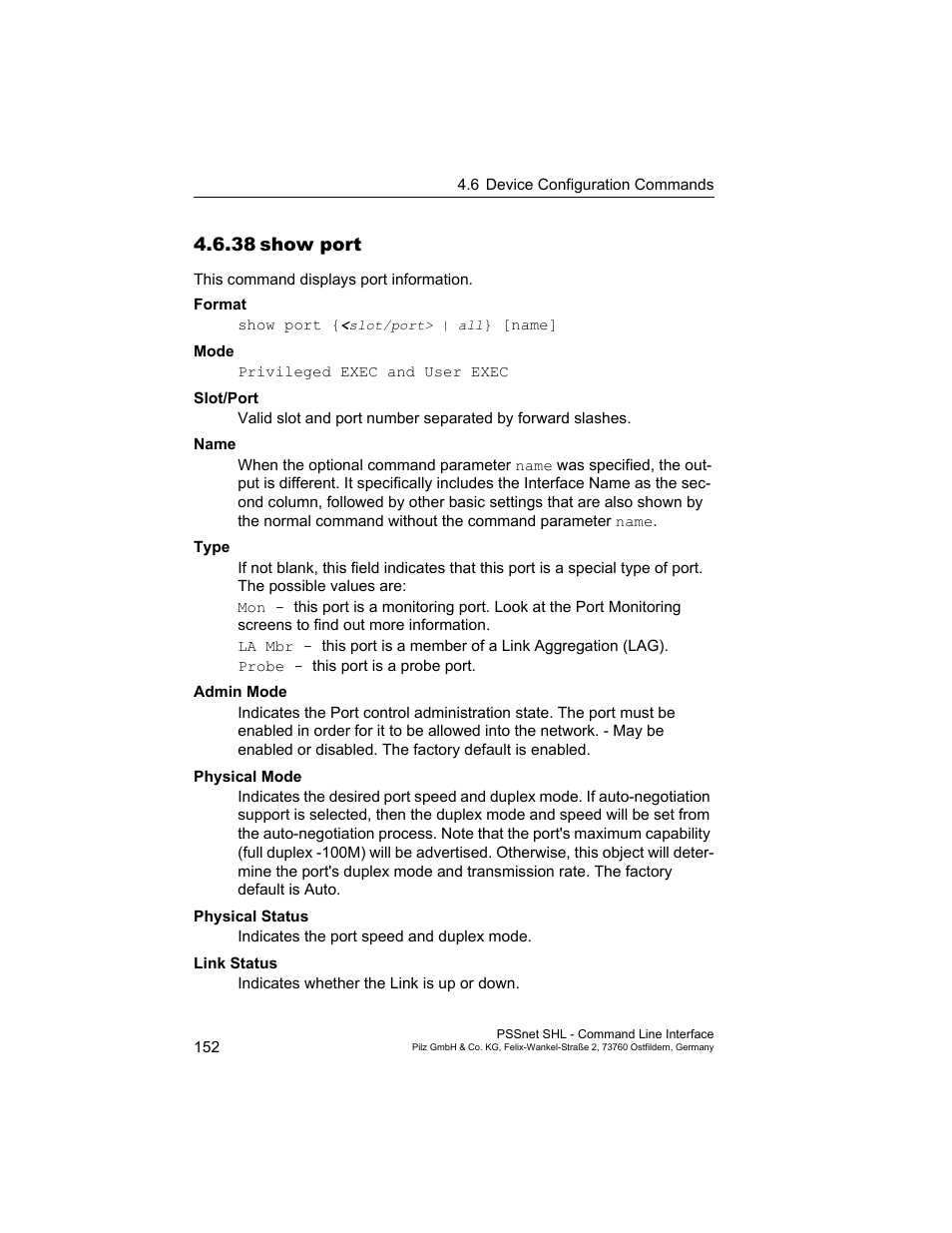 38 show port, 38show port | Pilz PSSnet SHL 8T MRP User Manual | Page 152 / 353