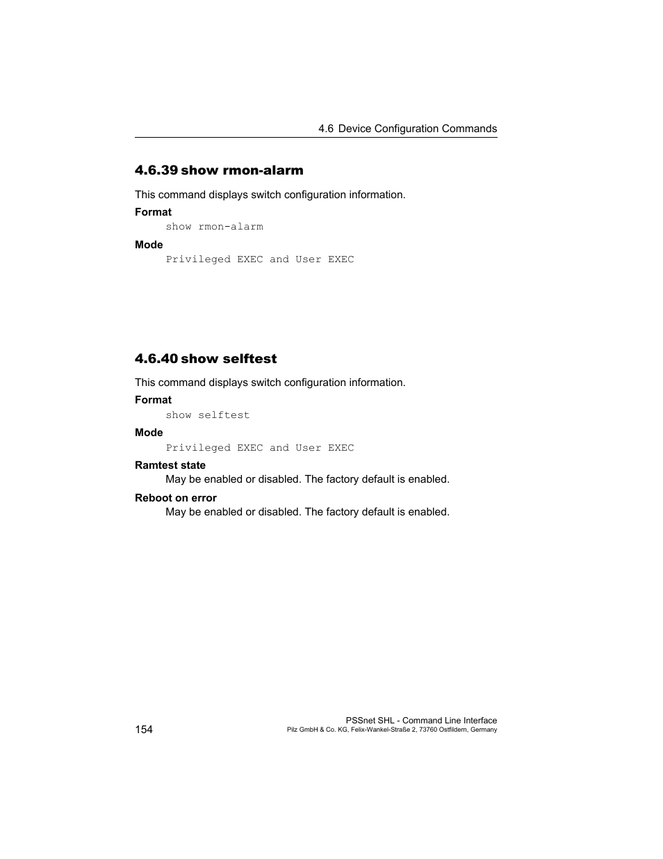 39 show rmon-alarm, 40 show selftest, 39show rmon-alarm | 40show selftest | Pilz PSSnet SHL 8T MRP User Manual | Page 154 / 353