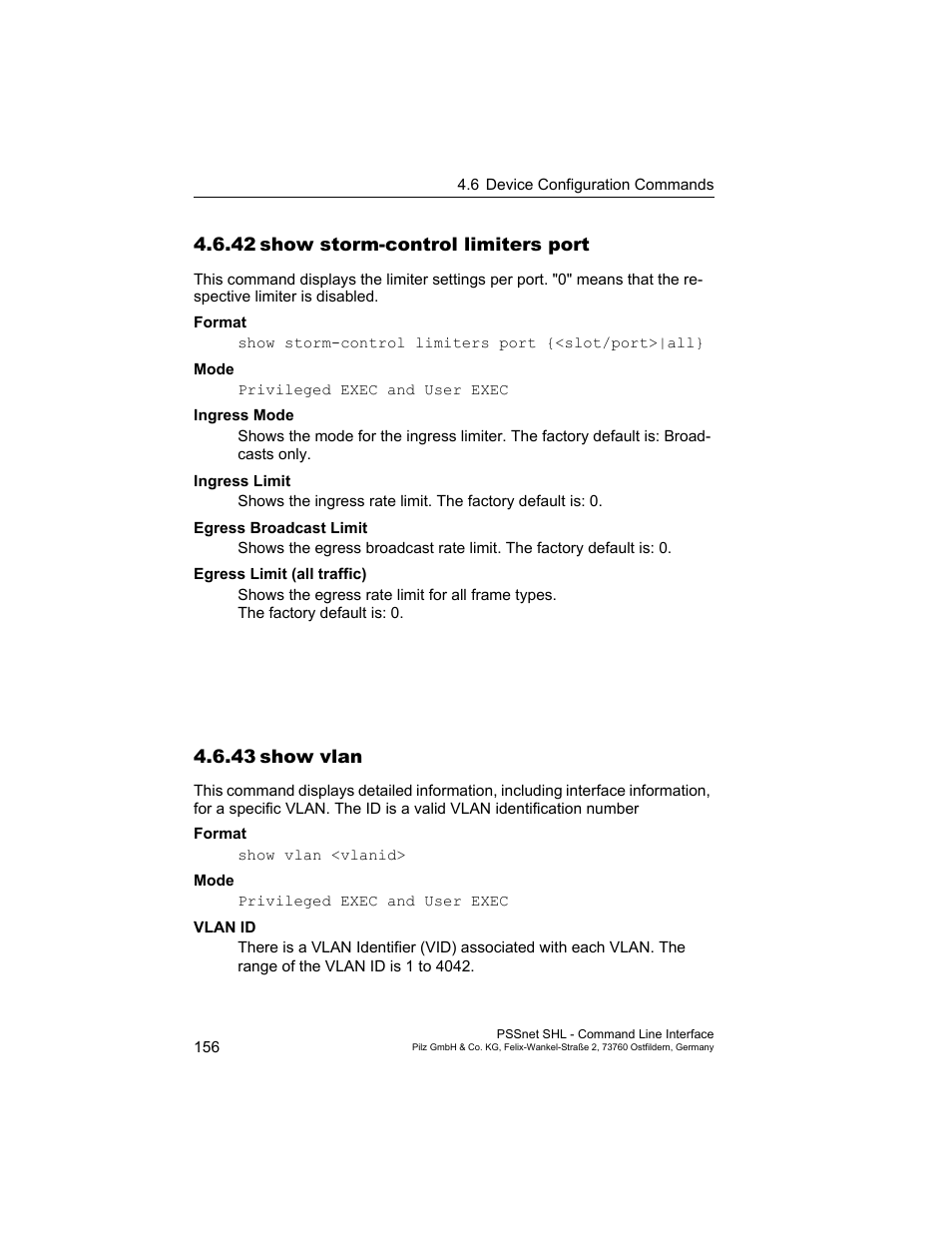 42 show storm-control limiters port, 43 show vlan, 42show storm-control limiters port | 43show vlan | Pilz PSSnet SHL 8T MRP User Manual | Page 156 / 353