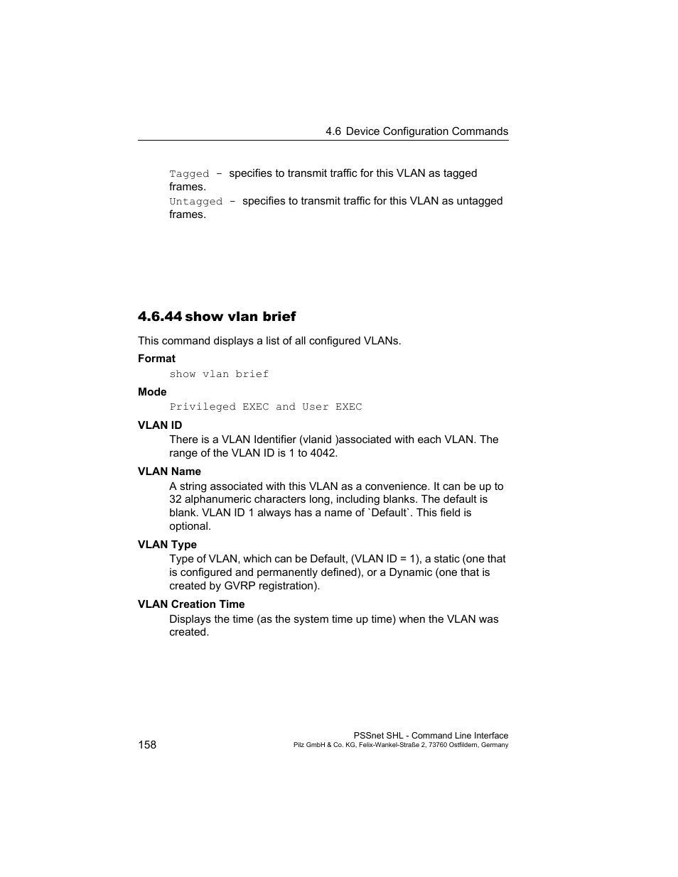 44 show vlan brief, 44show vlan brief | Pilz PSSnet SHL 8T MRP User Manual | Page 158 / 353