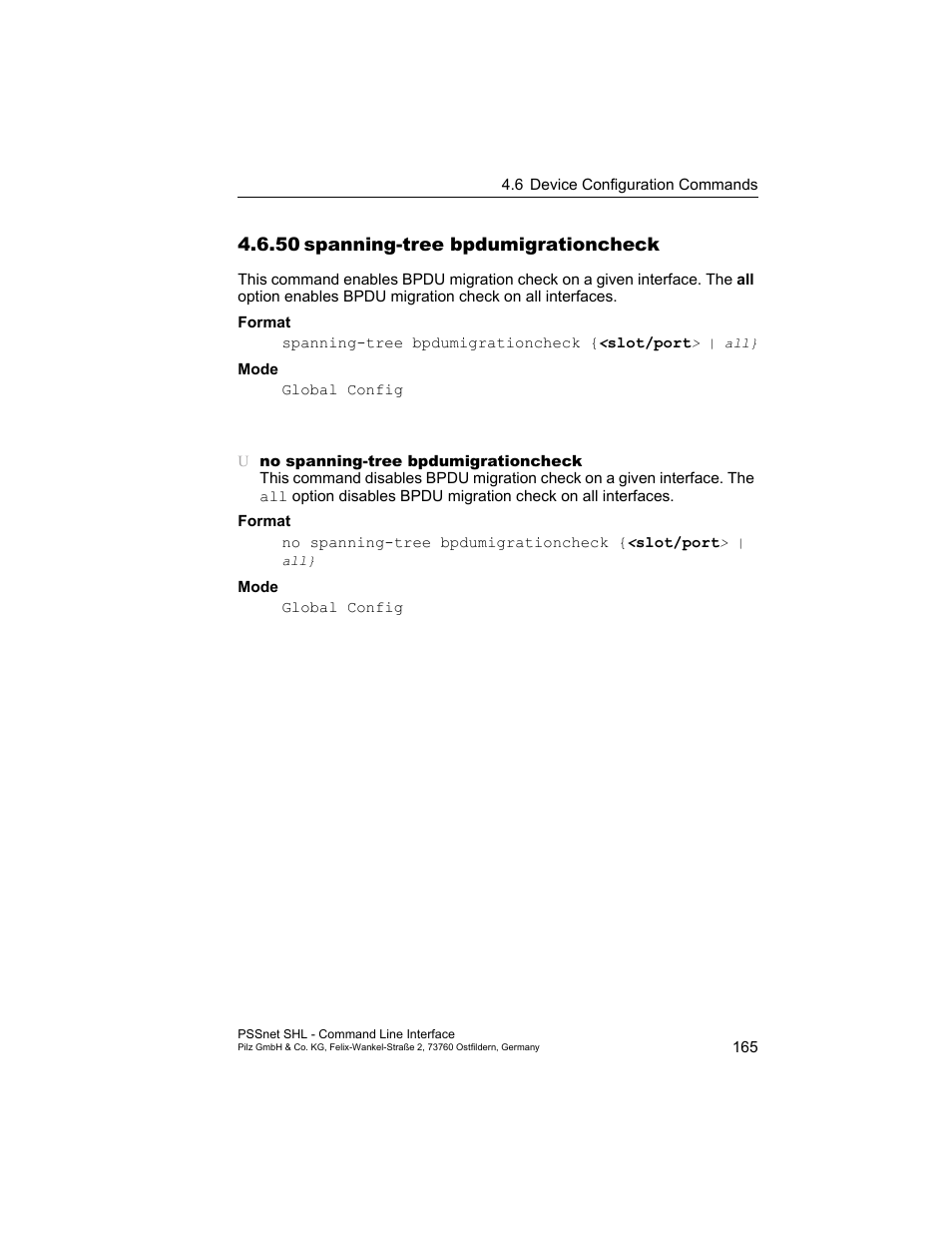 50 spanning-tree bpdumigrationcheck, 50spanning-tree bpdumigrationcheck | Pilz PSSnet SHL 8T MRP User Manual | Page 165 / 353