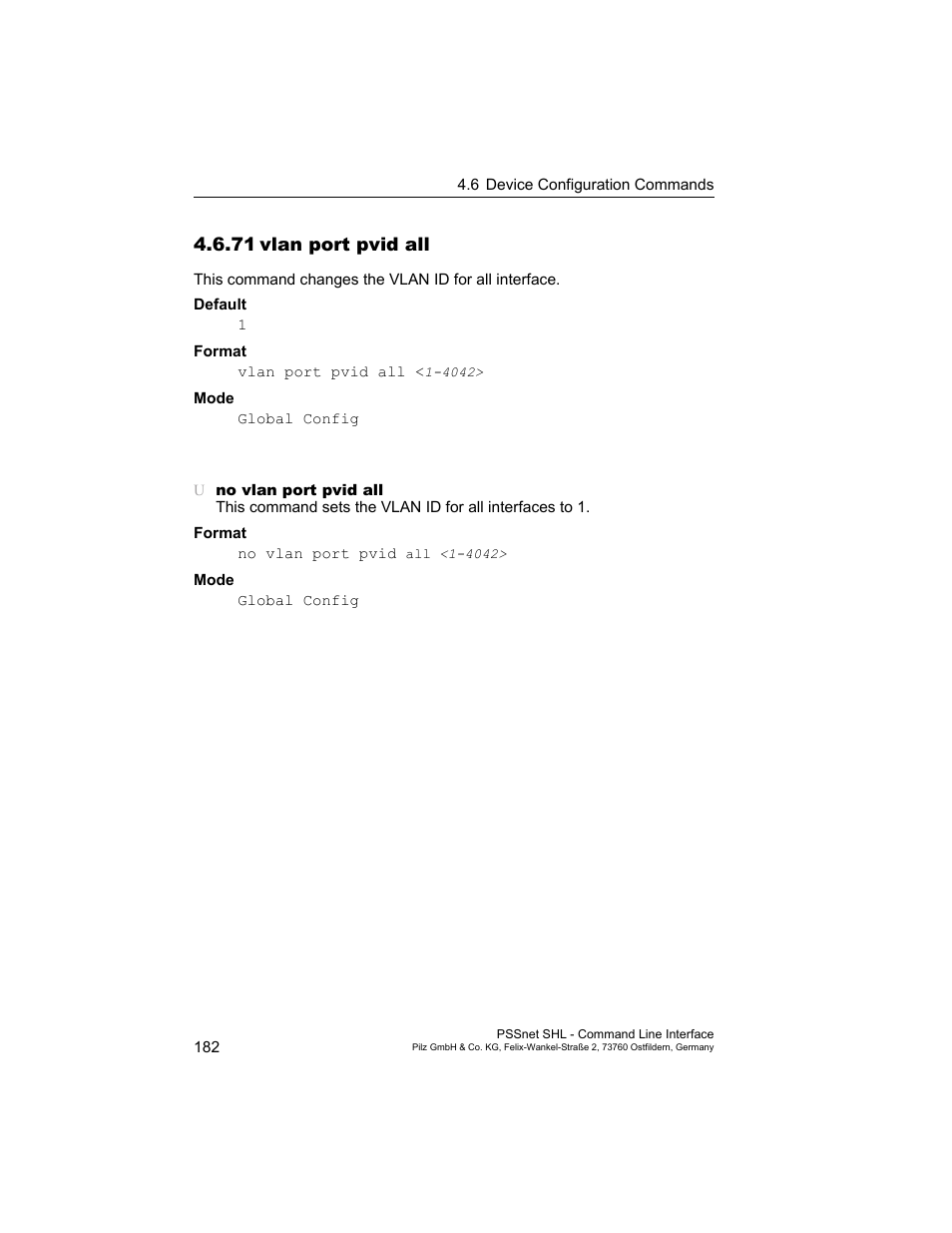 71 vlan port pvid all, 71vlan port pvid all | Pilz PSSnet SHL 8T MRP User Manual | Page 182 / 353