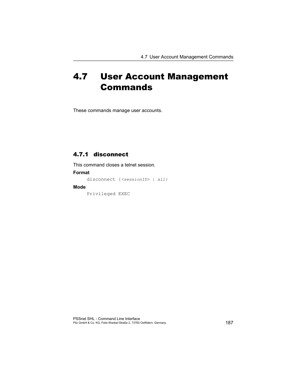 7 user account management commands, 1 disconnect, User account management commands | 1 disconnect 187 | Pilz PSSnet SHL 8T MRP User Manual | Page 187 / 353