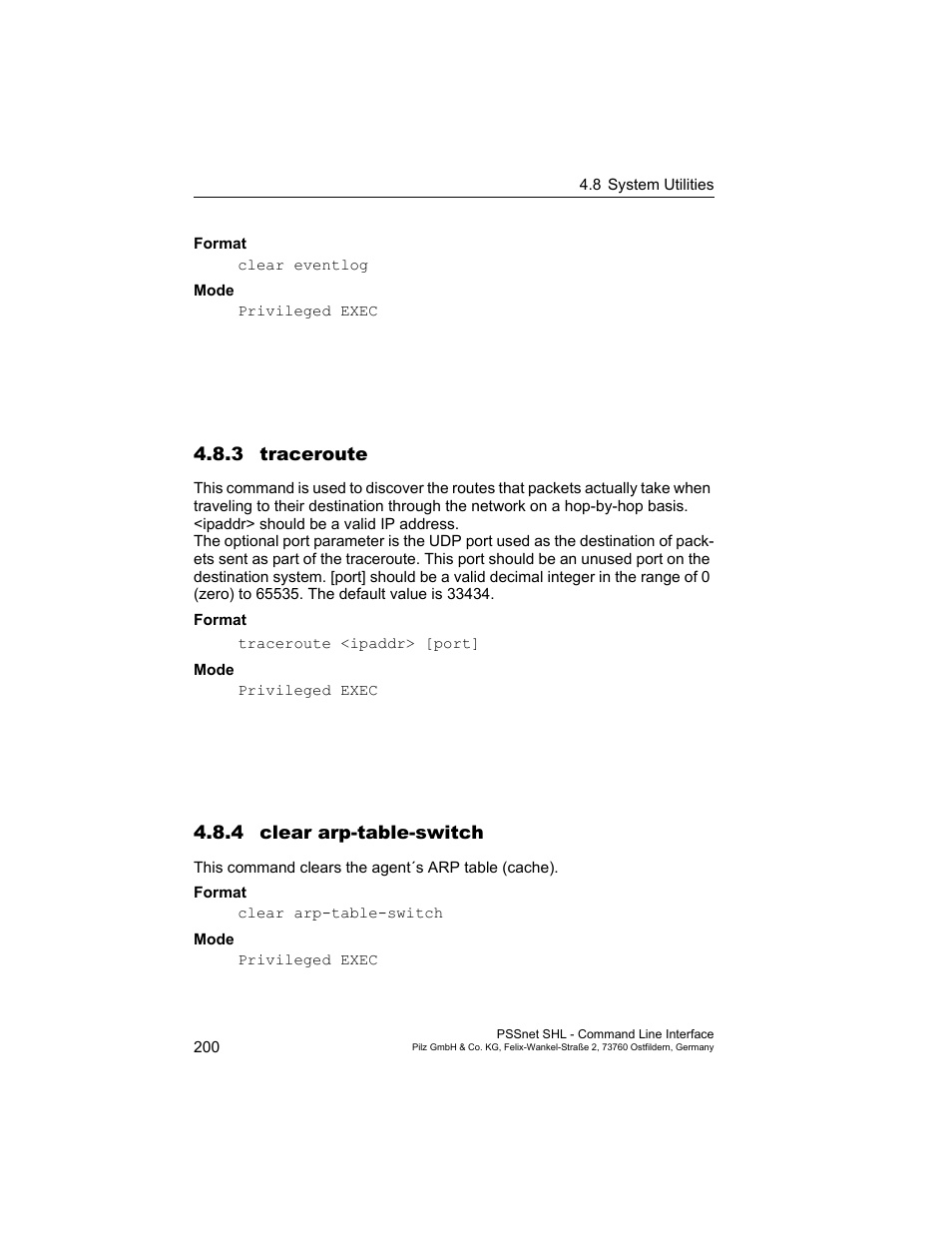 3 traceroute, 4 clear arp-table-switch, 3 traceroute 200 5.8.4 clear arp-table-switch | Pilz PSSnet SHL 8T MRP User Manual | Page 200 / 353