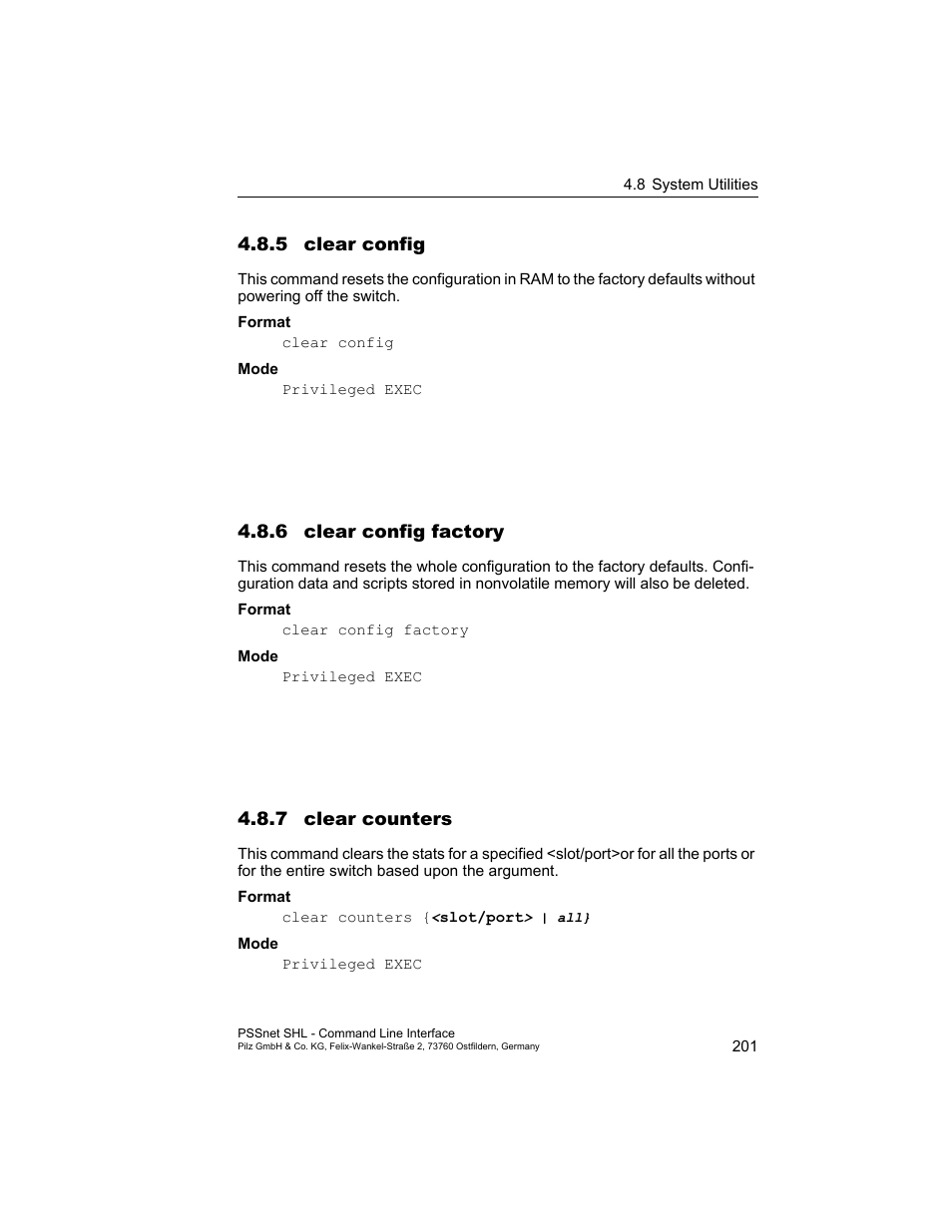 5 clear config, 6 clear config factory, 7 clear counters | Pilz PSSnet SHL 8T MRP User Manual | Page 201 / 353