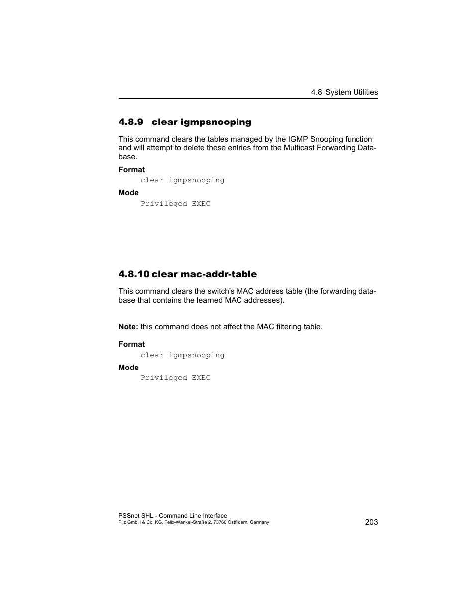 9 clear igmpsnooping, 10 clear mac-addr-table, 10clear mac-addr-table | Pilz PSSnet SHL 8T MRP User Manual | Page 203 / 353