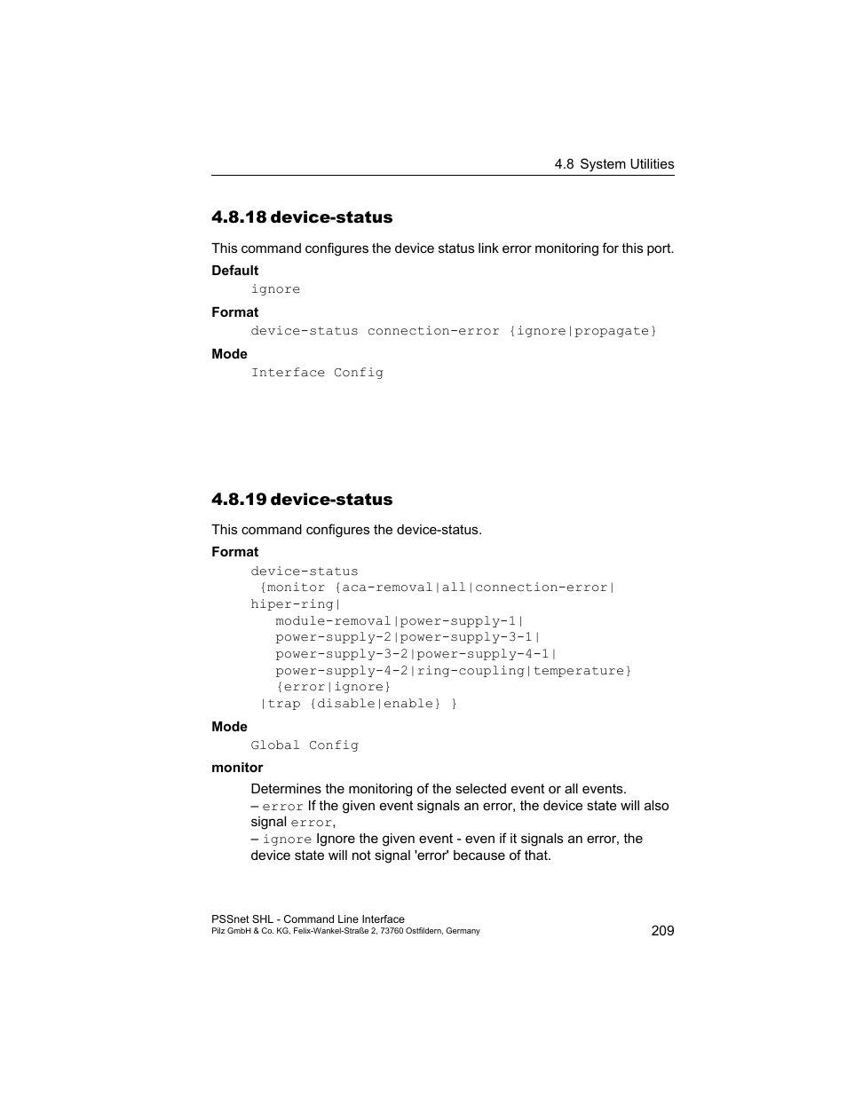 18 device-status, 19 device-status, 18device-status 209 5.8.19device-status 209 | Pilz PSSnet SHL 8T MRP User Manual | Page 209 / 353