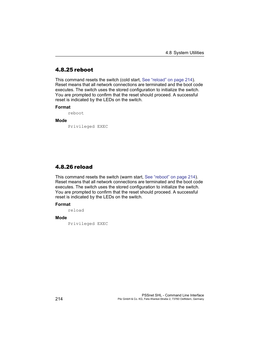 25 reboot, 26 reload, 25reboot 214 5.8.26reload 214 | Pilz PSSnet SHL 8T MRP User Manual | Page 214 / 353