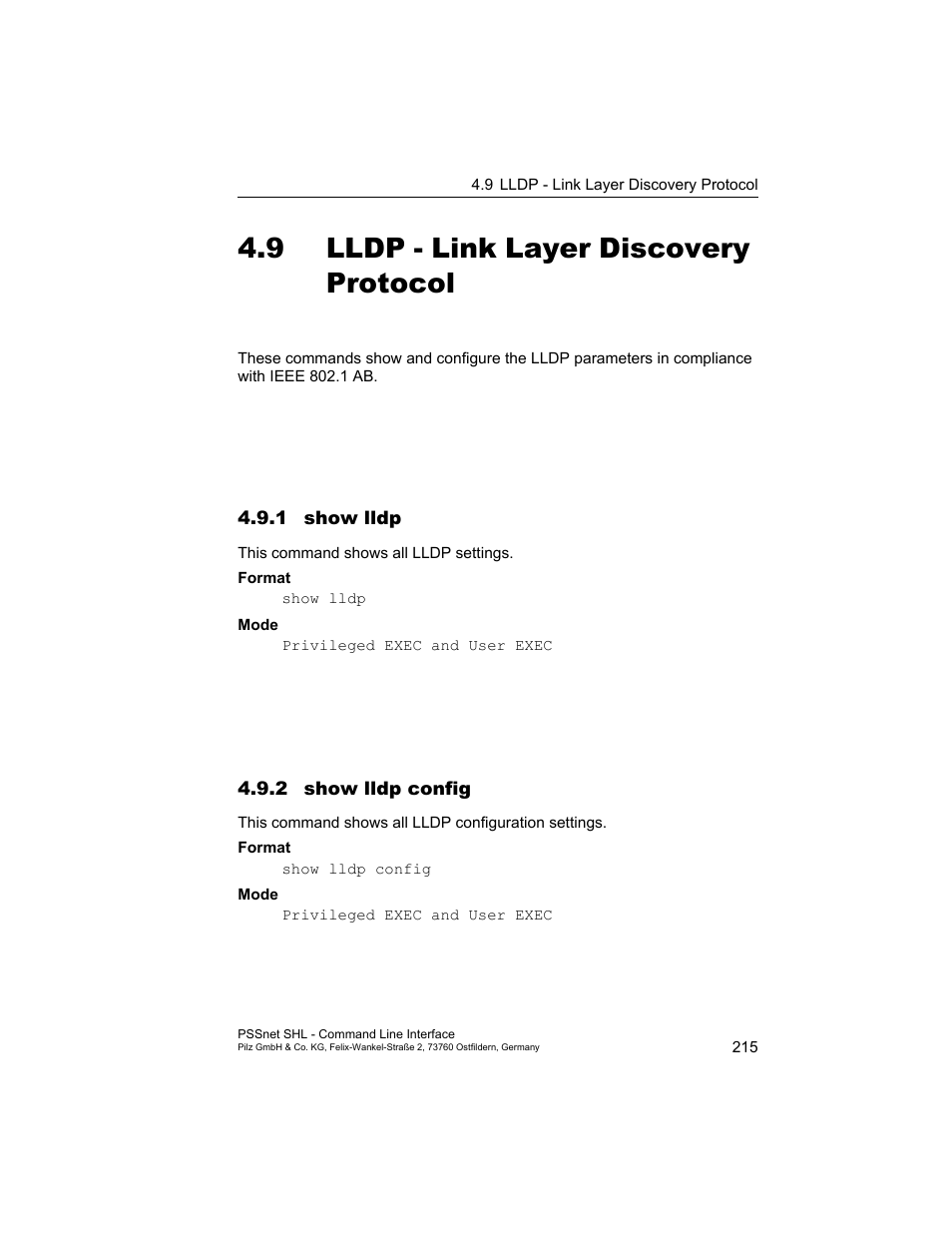 9 lldp - link layer discovery protocol, 1 show lldp, 2 show lldp config | Lldp - link layer discovery protocol | Pilz PSSnet SHL 8T MRP User Manual | Page 215 / 353