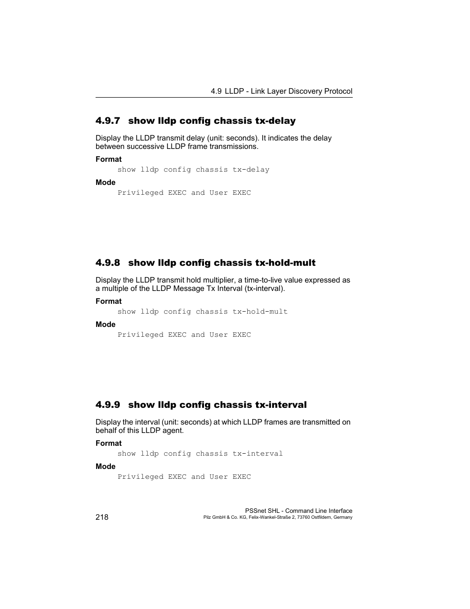 7 show lldp config chassis tx-delay, 8 show lldp config chassis tx-hold-mult, 9 show lldp config chassis tx-interval | Pilz PSSnet SHL 8T MRP User Manual | Page 218 / 353
