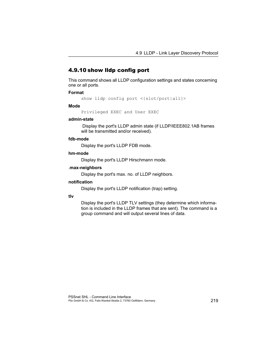 10 show lldp config port, 10show lldp config port | Pilz PSSnet SHL 8T MRP User Manual | Page 219 / 353