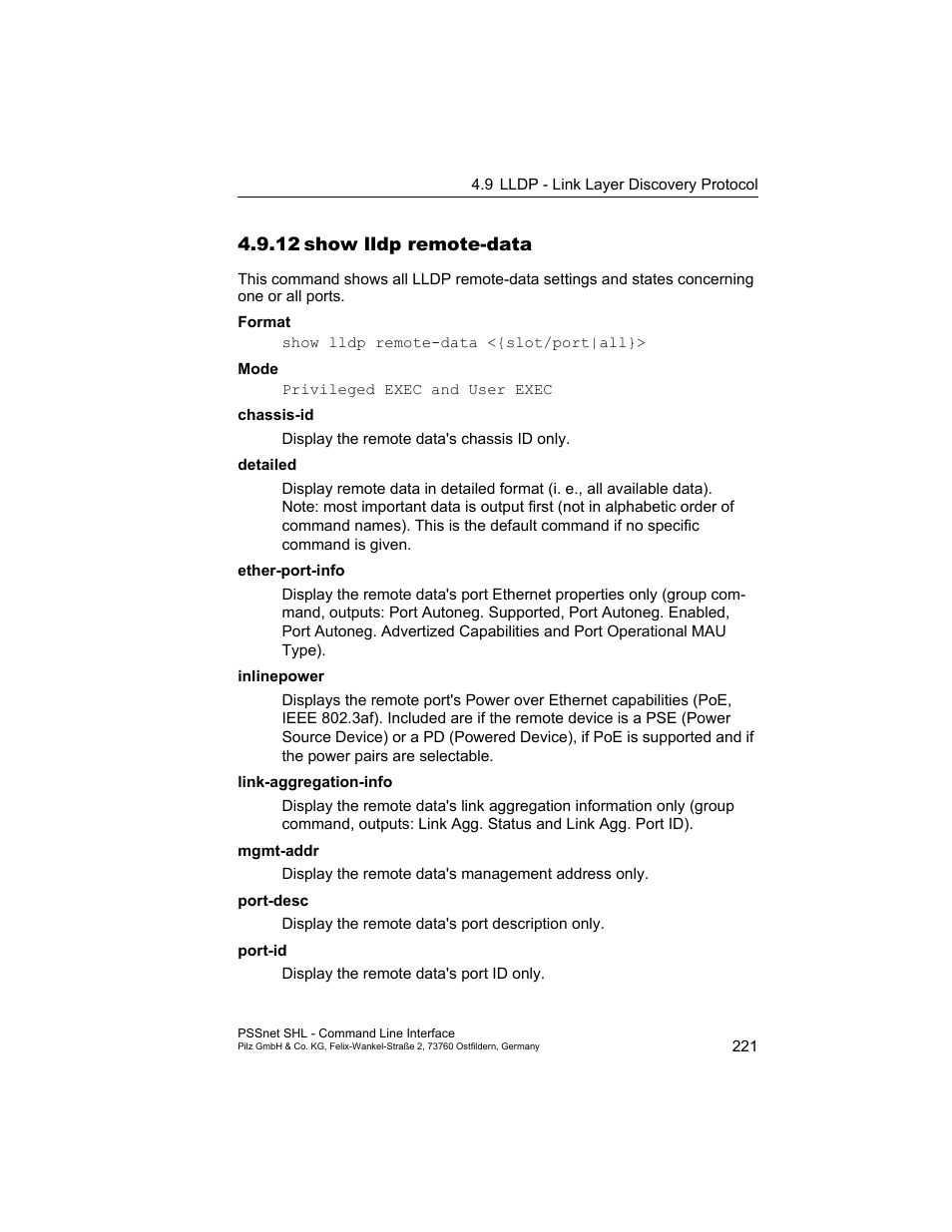 12 show lldp remote-data, 12show lldp remote-data | Pilz PSSnet SHL 8T MRP User Manual | Page 221 / 353