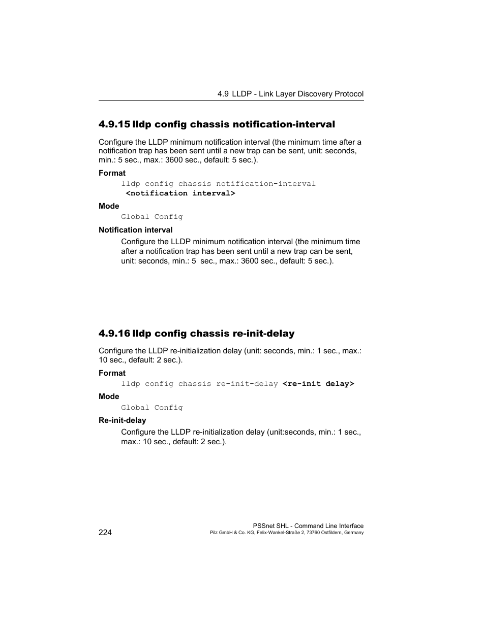 15 lldp config chassis notification-interval, 16 lldp config chassis re-init-delay, 15lldp config chassis notification-interval | 16lldp config chassis re-init-delay | Pilz PSSnet SHL 8T MRP User Manual | Page 224 / 353