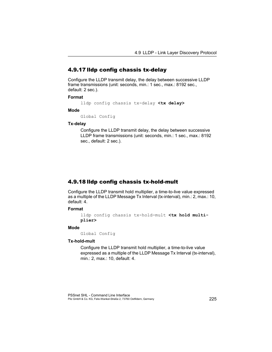 17 lldp config chassis tx-delay, 18 lldp config chassis tx-hold-mult, 17lldp config chassis tx-delay | 18lldp config chassis tx-hold-mult | Pilz PSSnet SHL 8T MRP User Manual | Page 225 / 353