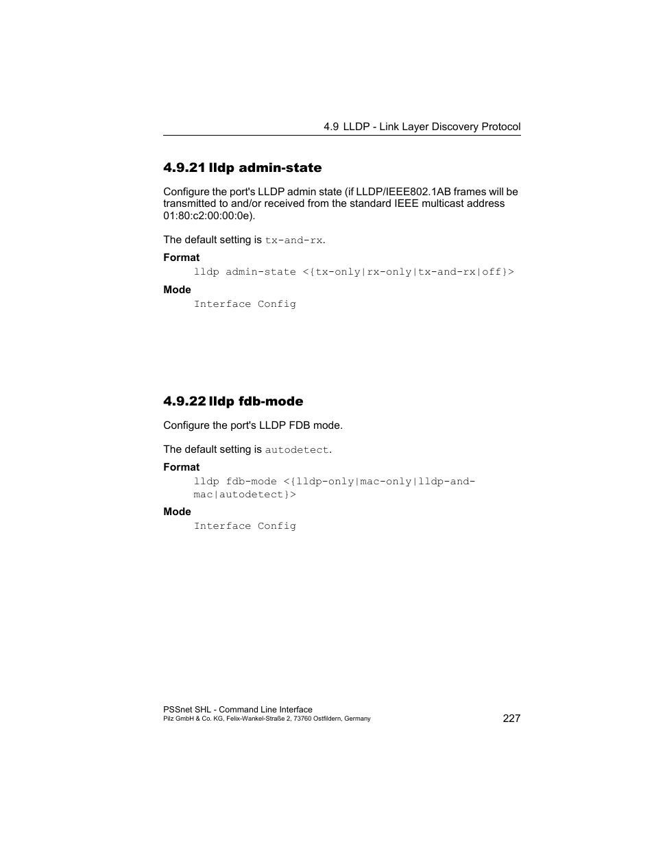 21 lldp admin-state, 22 lldp fdb-mode, 21lldp admin-state | 22lldp fdb-mode | Pilz PSSnet SHL 8T MRP User Manual | Page 227 / 353