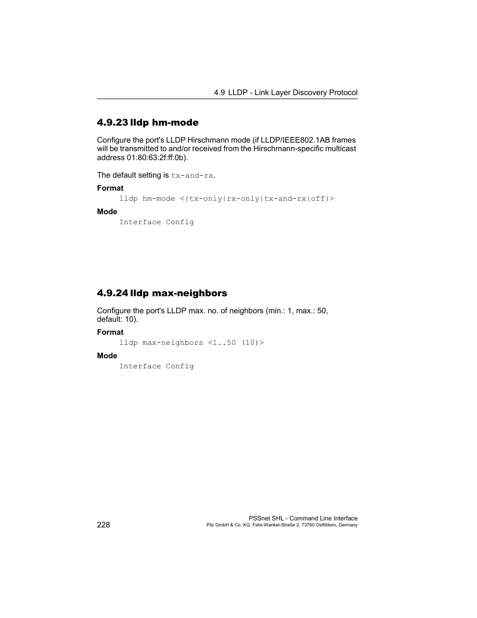 23 lldp hm-mode, 24 lldp max-neighbors, 23lldp hm-mode | 24lldp max-neighbors | Pilz PSSnet SHL 8T MRP User Manual | Page 228 / 353