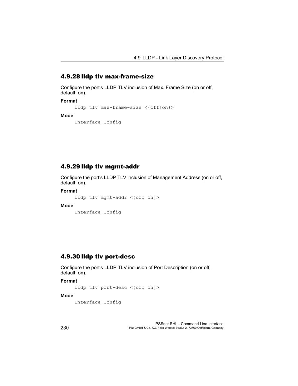 28 lldp tlv max-frame-size, 29 lldp tlv mgmt-addr, 30 lldp tlv port-desc | 28lldp tlv max-frame-size, 29lldp tlv mgmt-addr, 30lldp tlv port-desc | Pilz PSSnet SHL 8T MRP User Manual | Page 230 / 353