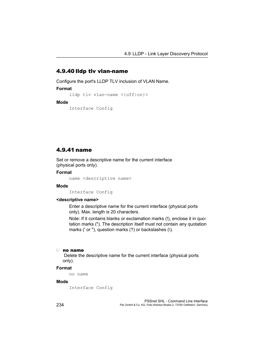 40 lldp tlv vlan-name, 41 name, 40lldp tlv vlan-name | Name 234 | Pilz PSSnet SHL 8T MRP User Manual | Page 234 / 353