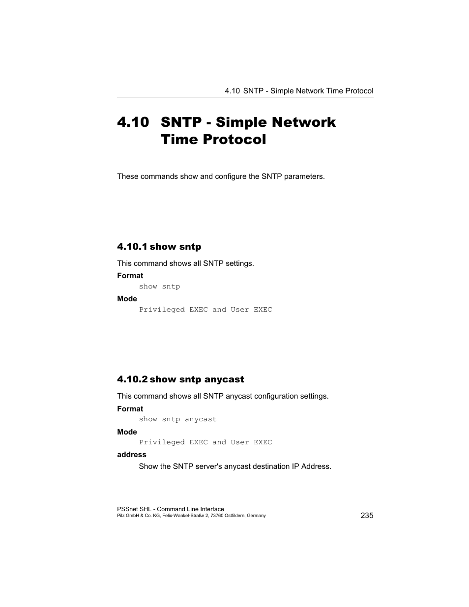 10 sntp - simple network time protocol, 1 show sntp, 2 show sntp anycast | Sntp - simple network time protocol, 1show sntp, 2show sntp anycast | Pilz PSSnet SHL 8T MRP User Manual | Page 235 / 353