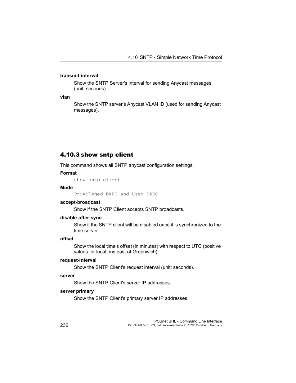 3 show sntp client, 3show sntp client | Pilz PSSnet SHL 8T MRP User Manual | Page 236 / 353