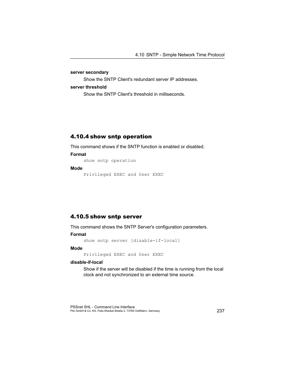 4 show sntp operation, 5 show sntp server, 4show sntp operation | 5show sntp server | Pilz PSSnet SHL 8T MRP User Manual | Page 237 / 353