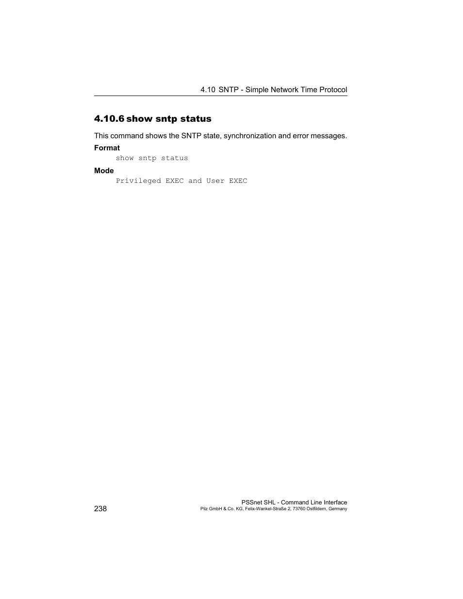 6 show sntp status, 6show sntp status | Pilz PSSnet SHL 8T MRP User Manual | Page 238 / 353