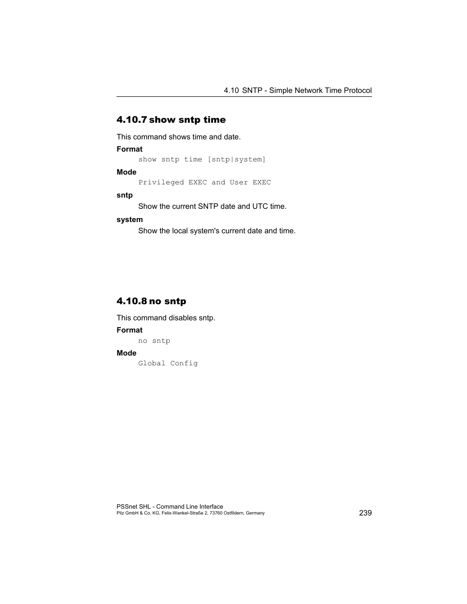 7 show sntp time, 8 no sntp, 7show sntp time | 8no sntp | Pilz PSSnet SHL 8T MRP User Manual | Page 239 / 353