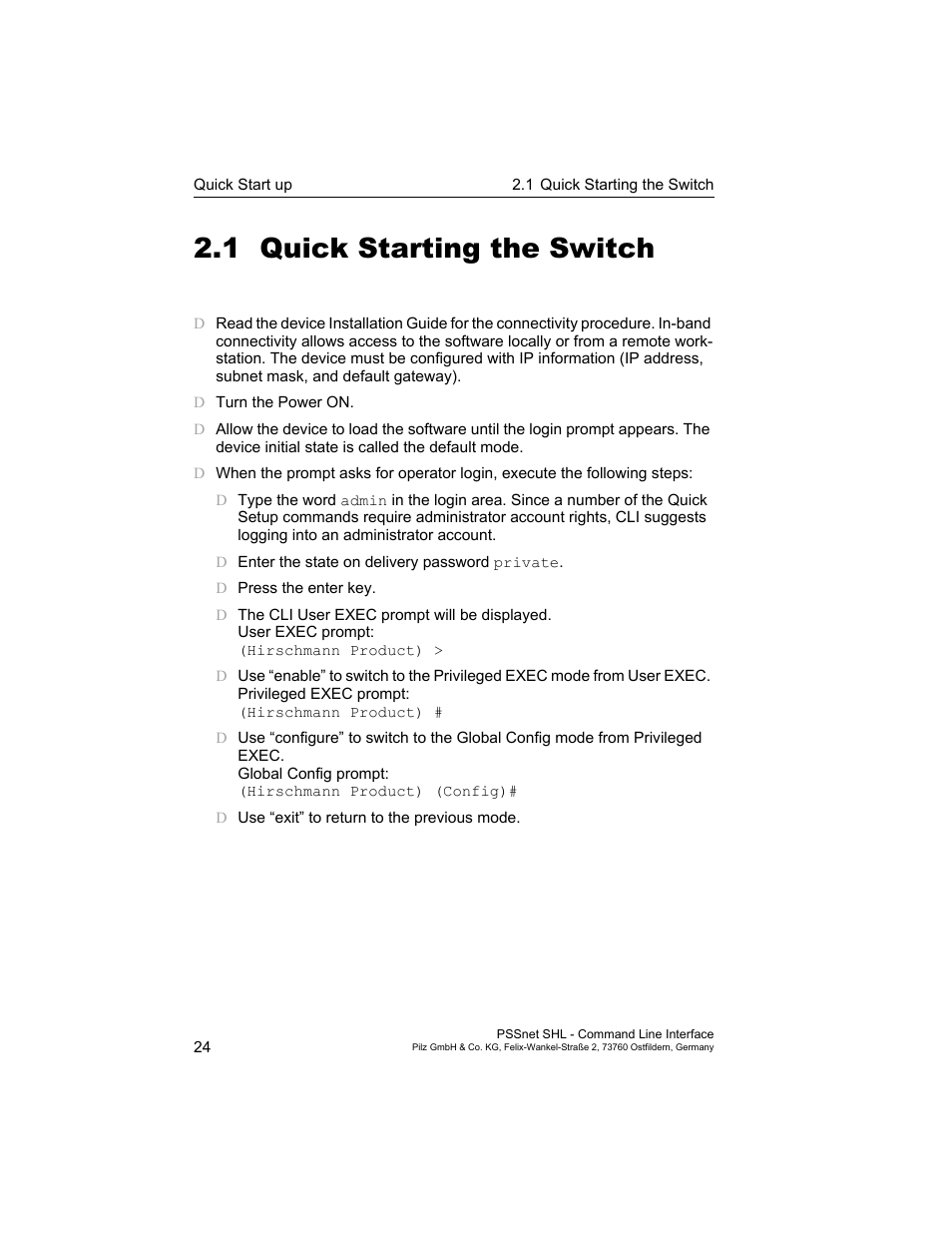 1 quick starting the switch, Quick starting the switch | Pilz PSSnet SHL 8T MRP User Manual | Page 24 / 353