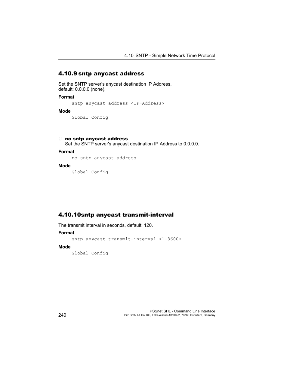 9 sntp anycast address, 10 sntp anycast transmit-interval, 9sntp anycast address | 10sntp anycast transmit-interval | Pilz PSSnet SHL 8T MRP User Manual | Page 240 / 353