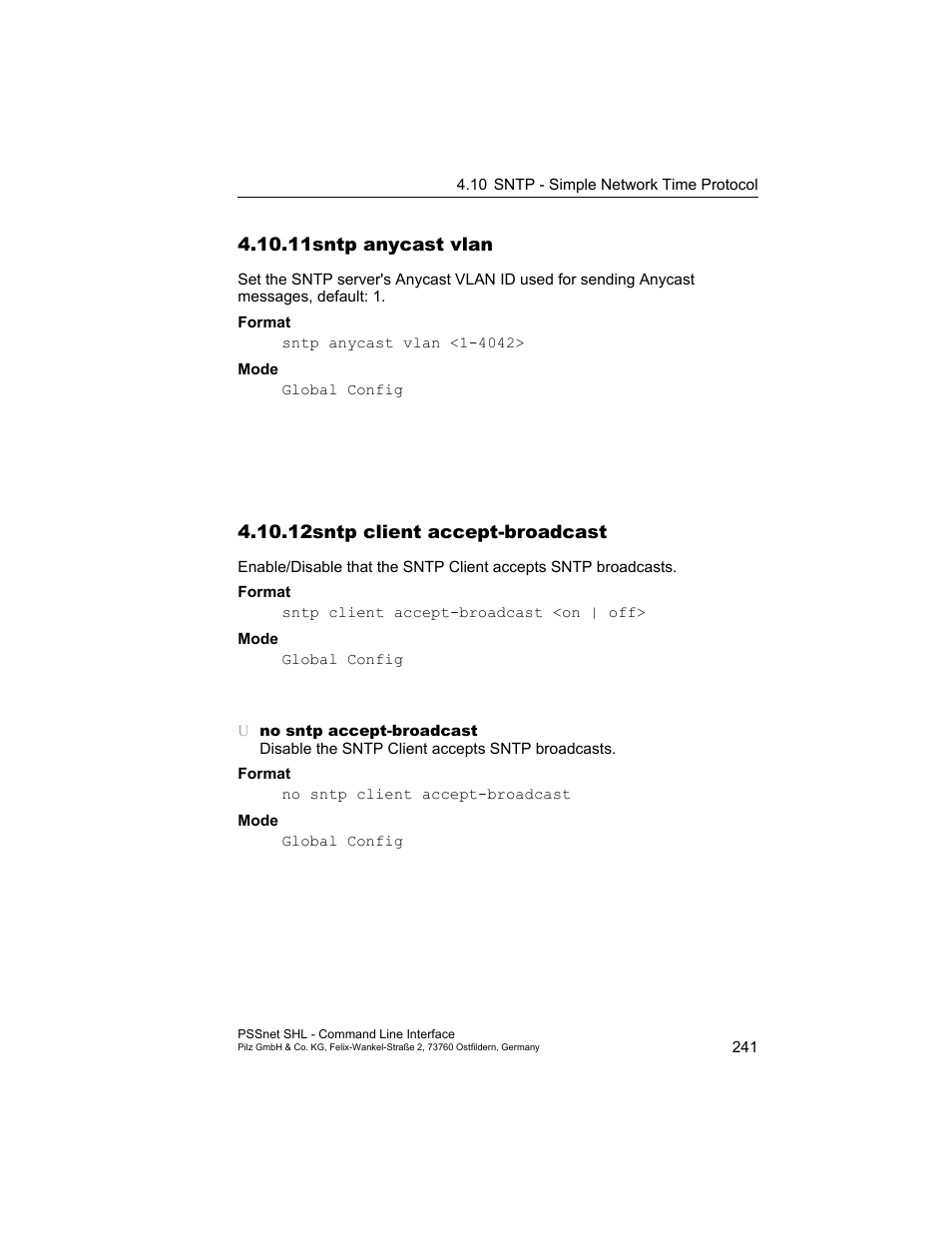 11 sntp anycast vlan, 12 sntp client accept-broadcast, 11sntp anycast vlan | 12sntp client accept-broadcast | Pilz PSSnet SHL 8T MRP User Manual | Page 241 / 353