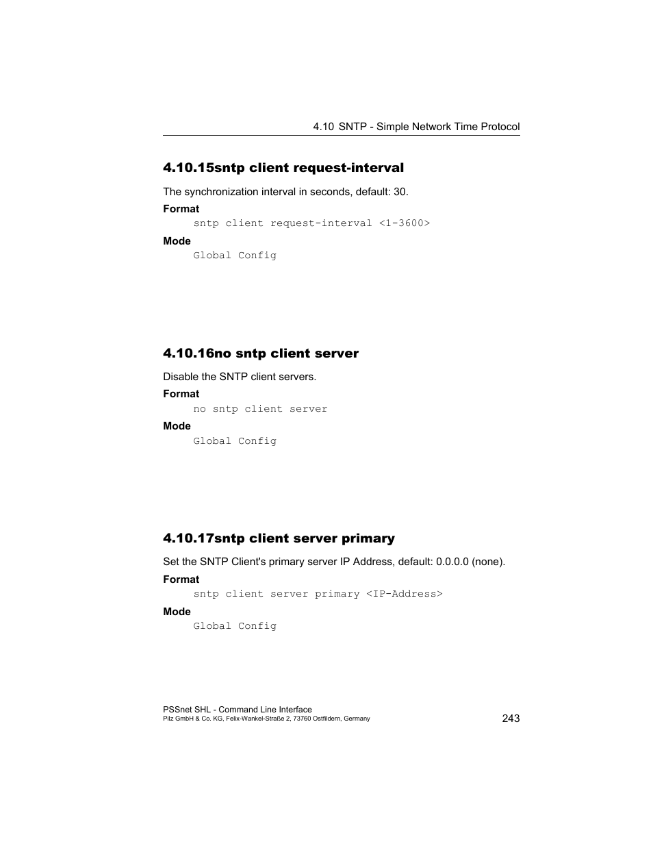 15 sntp client request-interval, 16 no sntp client server, 17 sntp client server primary | 15sntp client request-interval, 16no sntp client server, 17sntp client server primary | Pilz PSSnet SHL 8T MRP User Manual | Page 243 / 353