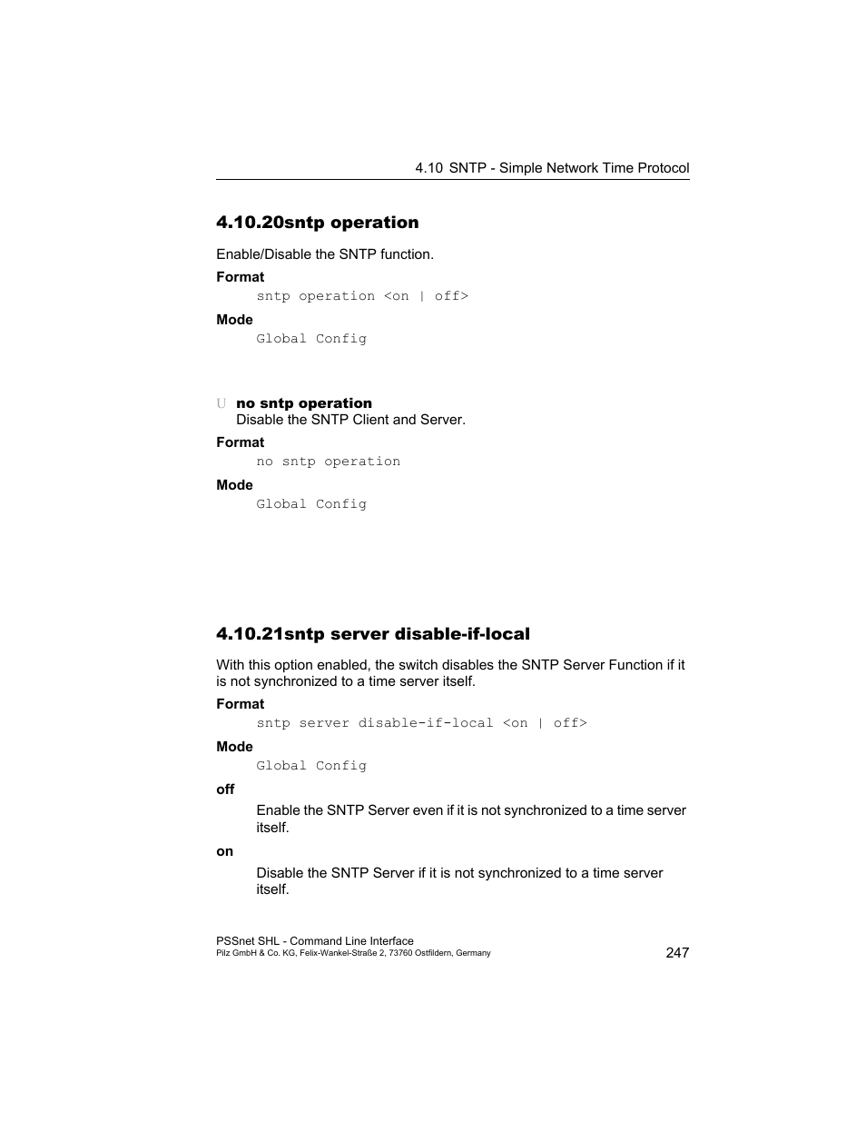 20 sntp operation, 21 sntp server disable-if-local, 20sntp operation | 21sntp server disable-if-local | Pilz PSSnet SHL 8T MRP User Manual | Page 247 / 353