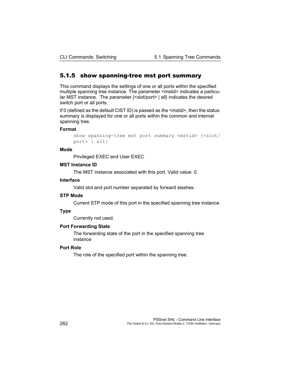 5 show spanning-tree mst port summary | Pilz PSSnet SHL 8T MRP User Manual | Page 262 / 353