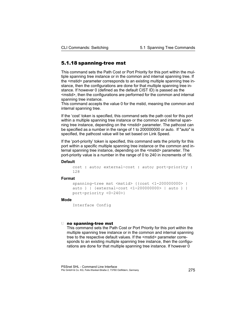 18 spanning-tree mst, 18spanning-tree mst | Pilz PSSnet SHL 8T MRP User Manual | Page 275 / 353