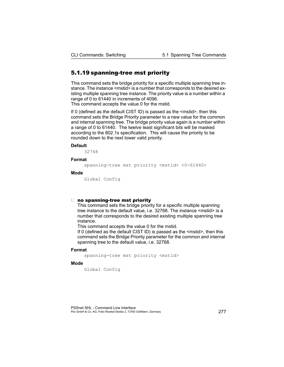 19 spanning-tree mst priority, 19spanning-tree mst priority | Pilz PSSnet SHL 8T MRP User Manual | Page 277 / 353