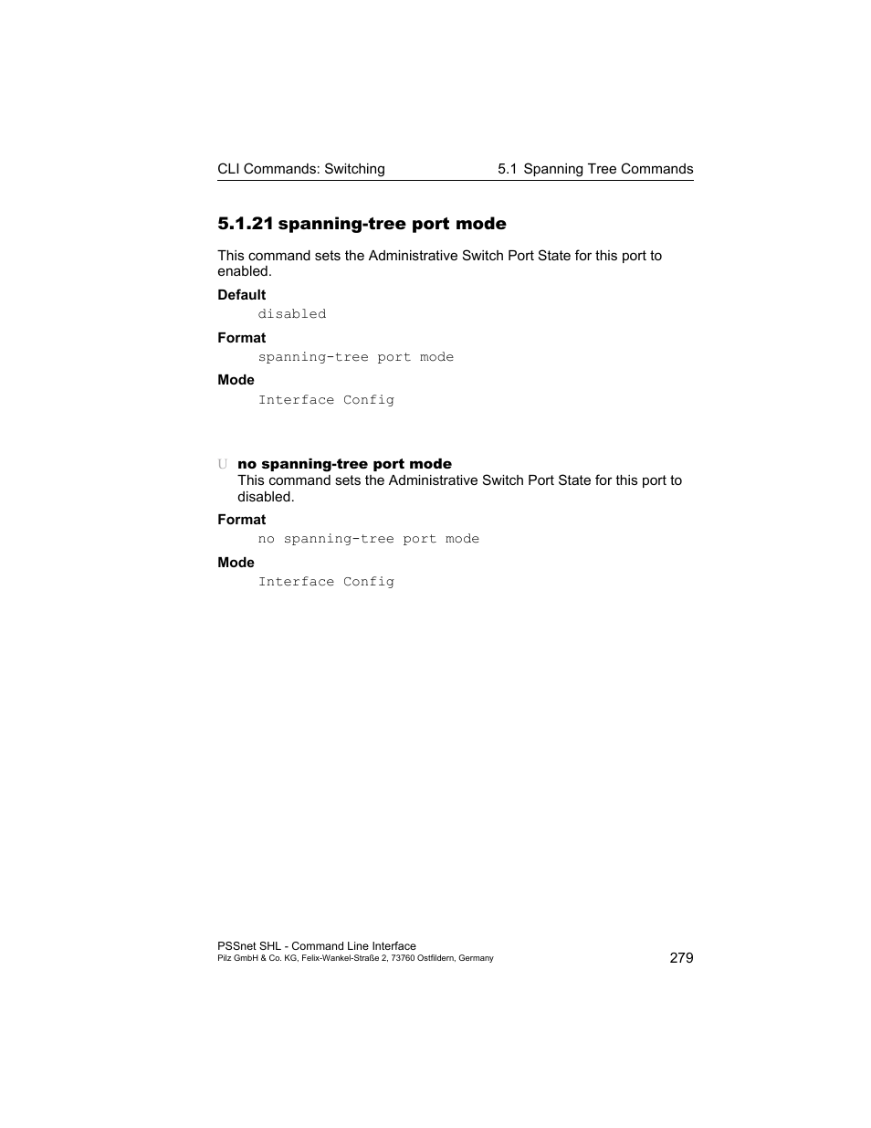 21 spanning-tree port mode, 21spanning-tree port mode | Pilz PSSnet SHL 8T MRP User Manual | Page 279 / 353