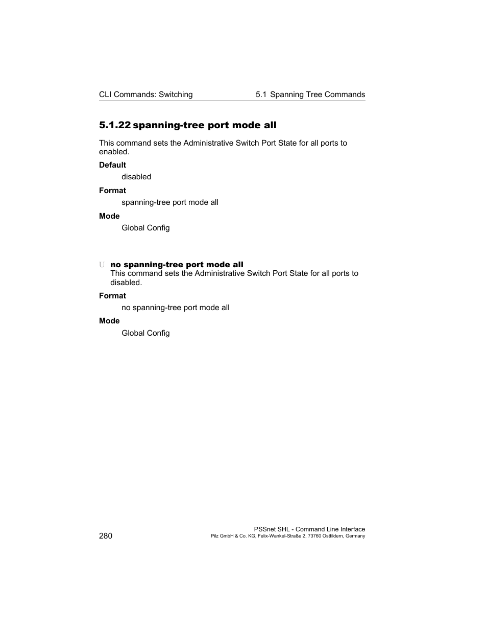 22 spanning-tree port mode all, 22spanning-tree port mode all | Pilz PSSnet SHL 8T MRP User Manual | Page 280 / 353
