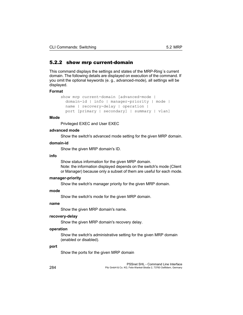 2 show mrp current-domain | Pilz PSSnet SHL 8T MRP User Manual | Page 284 / 353