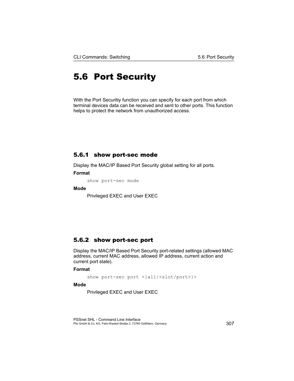 6 port security, 1 show port-sec mode, 2 show port-sec port | Port security | Pilz PSSnet SHL 8T MRP User Manual | Page 307 / 353