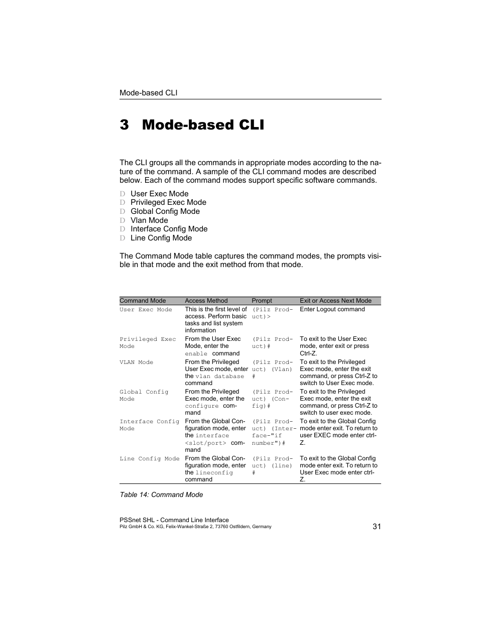 3 mode-based cli, Mode-based cli | Pilz PSSnet SHL 8T MRP User Manual | Page 31 / 353