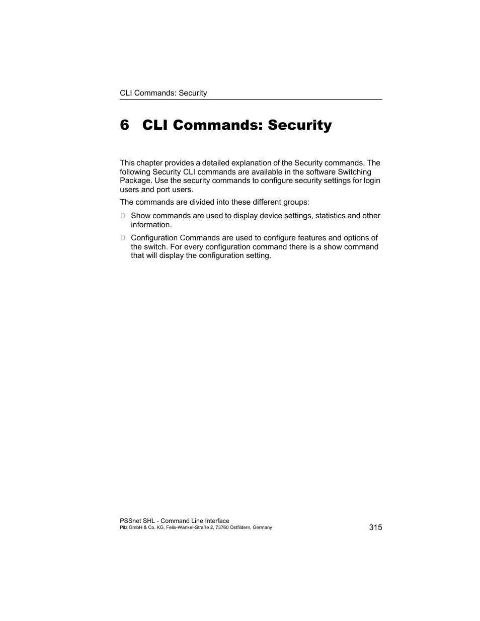 6 cli commands: security, Cli commands: security | Pilz PSSnet SHL 8T MRP User Manual | Page 315 / 353