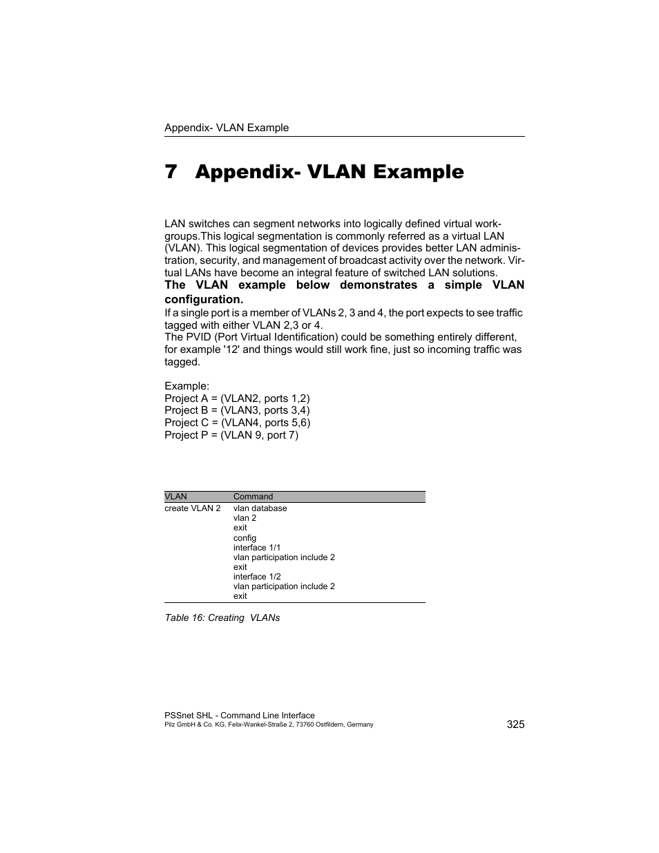 7 appendix- vlan example, Appendix- vlan example | Pilz PSSnet SHL 8T MRP User Manual | Page 325 / 353