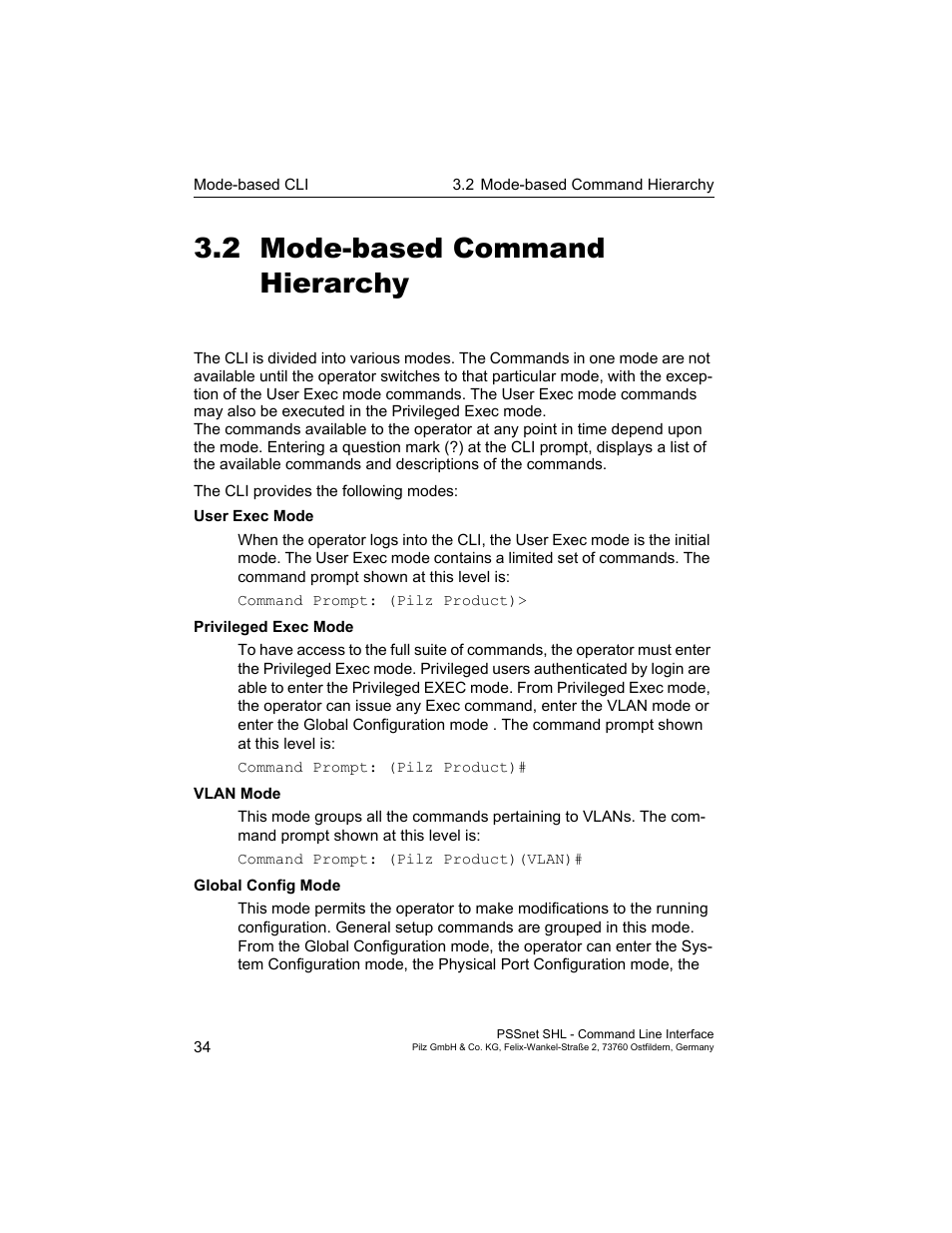2 mode-based command hierarchy, Mode-based command hierarchy | Pilz PSSnet SHL 8T MRP User Manual | Page 34 / 353