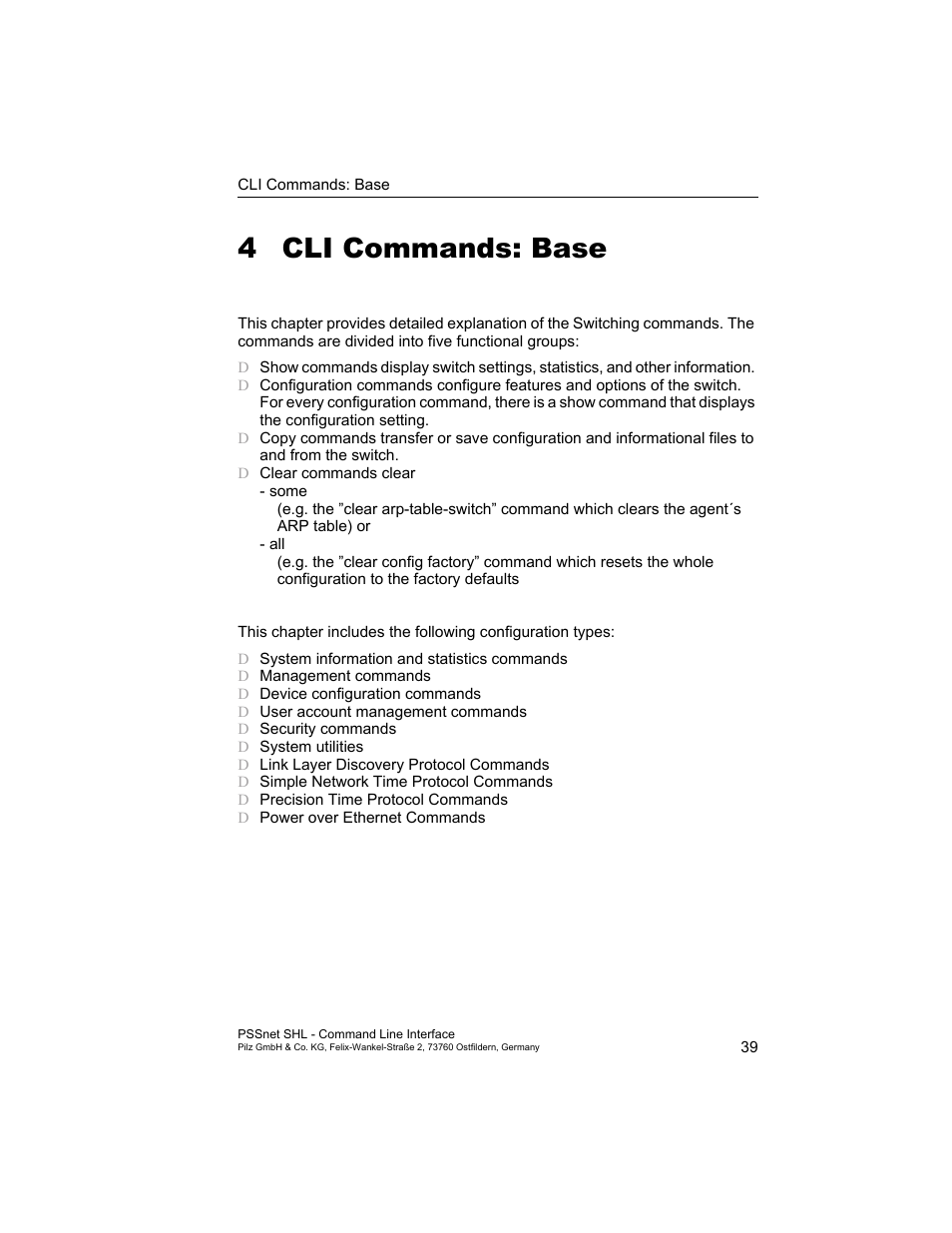 4 cli commands: base, Cli commands: base | Pilz PSSnet SHL 8T MRP User Manual | Page 39 / 353
